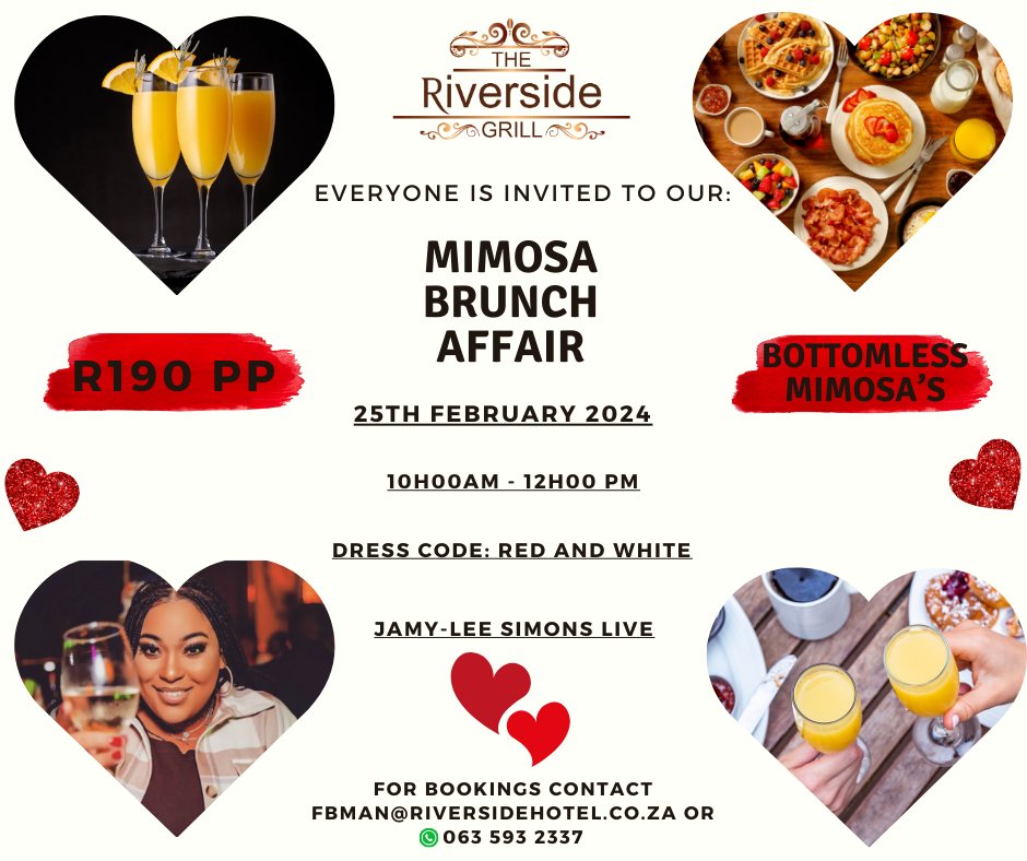 📷 Important Announcement: Change in Event Date and Format 📷 We regret to inform you that our Mimosa Breakfast event has been rescheduled to the 25th February and will now be served as a brunch from 10h00am - 12h00pm.
