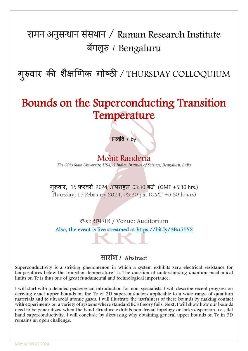 RRI_Bangalore's tweet photo. Thursday Colloquium @RRI_Bangalore by Mohit Randeria-Discussed progress on bounds on Tc of 2D #Superconductors #correlations & applications @quantum materials #ultracold gases
https://t.co/iOcxywh3jh
@PMOIndia @DrJitendraSingh @PrinSciAdvGoI @IndiaDST @karandi65 @TarunSouradeep https://t.co/uYQWQLLq2H