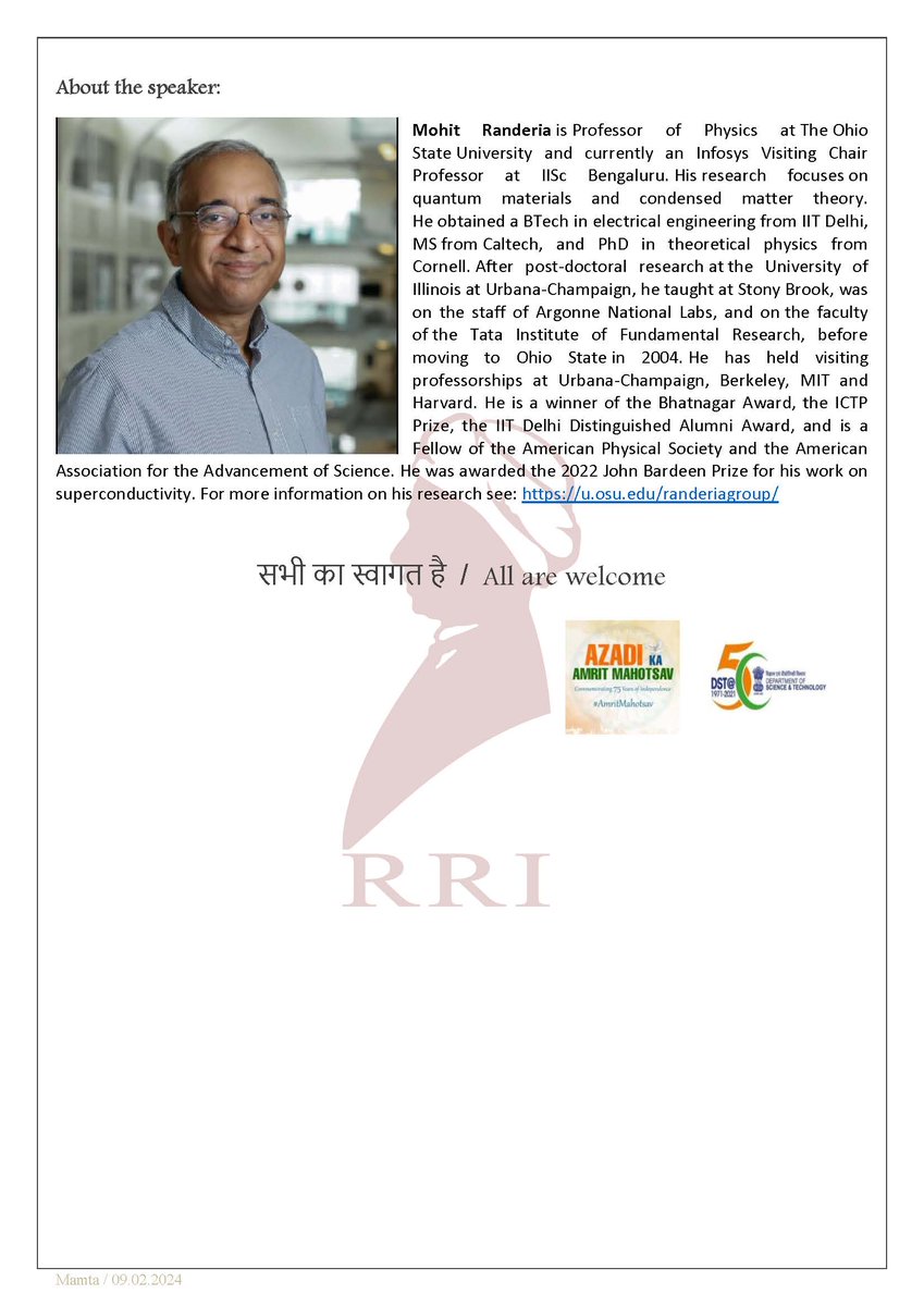 RRI_Bangalore's tweet photo. Thursday Colloquium @RRI_Bangalore by Mohit Randeria-Discussed progress on bounds on Tc of 2D #Superconductors #correlations & applications @quantum materials #ultracold gases
https://t.co/iOcxywh3jh
@PMOIndia @DrJitendraSingh @PrinSciAdvGoI @IndiaDST @karandi65 @TarunSouradeep https://t.co/uYQWQLLq2H