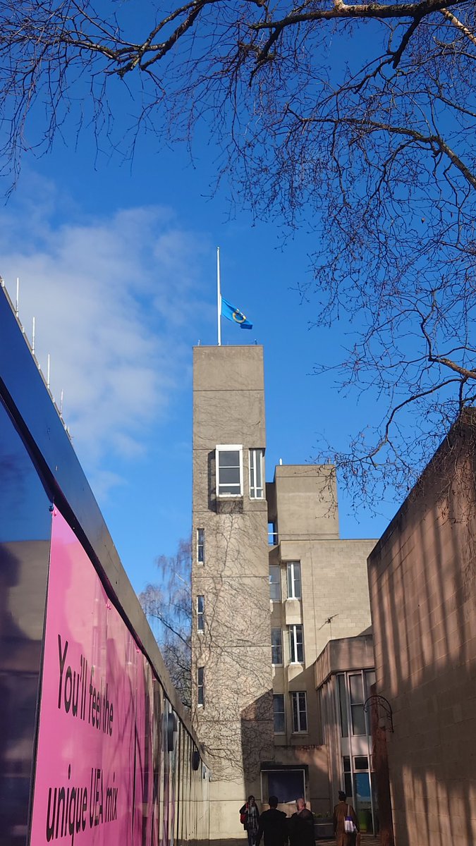 HarryTDyer's tweet photo. The flag at UEA is flying at half mast today to mark the funeral of our brilliant colleague, Geoff Hinchliffe. I can't be at the funeral today as I'm teaching, but I was so touched to see this on campus and wanted to share a little something about Geoff here. https://t.co/ah9EE5Z3wg