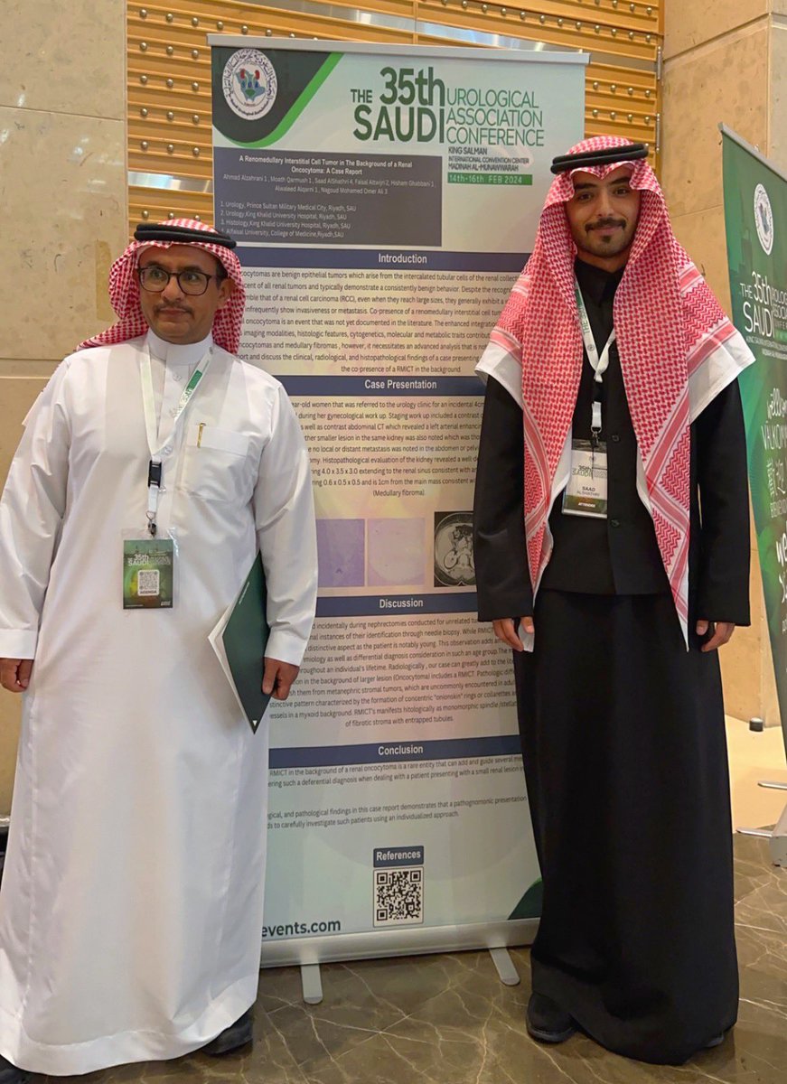 SaadShathry's tweet photo. سعيد بحضوري للمؤتمر السنوي الخامس والثلاثون للجمعية السعودية لجراحة الكلى والمسالك البولية ، وتشرّفت بتقديم بحثنا العلمي في مجال أورام الجهاز البولي. #SUA35 @saudiurological 

الشكر موصول للدكتور أحمد الزهراني على اتاحة الفرصة والدعم المتواصل. @drzahrani https://t.co/dhJEoqnyBe