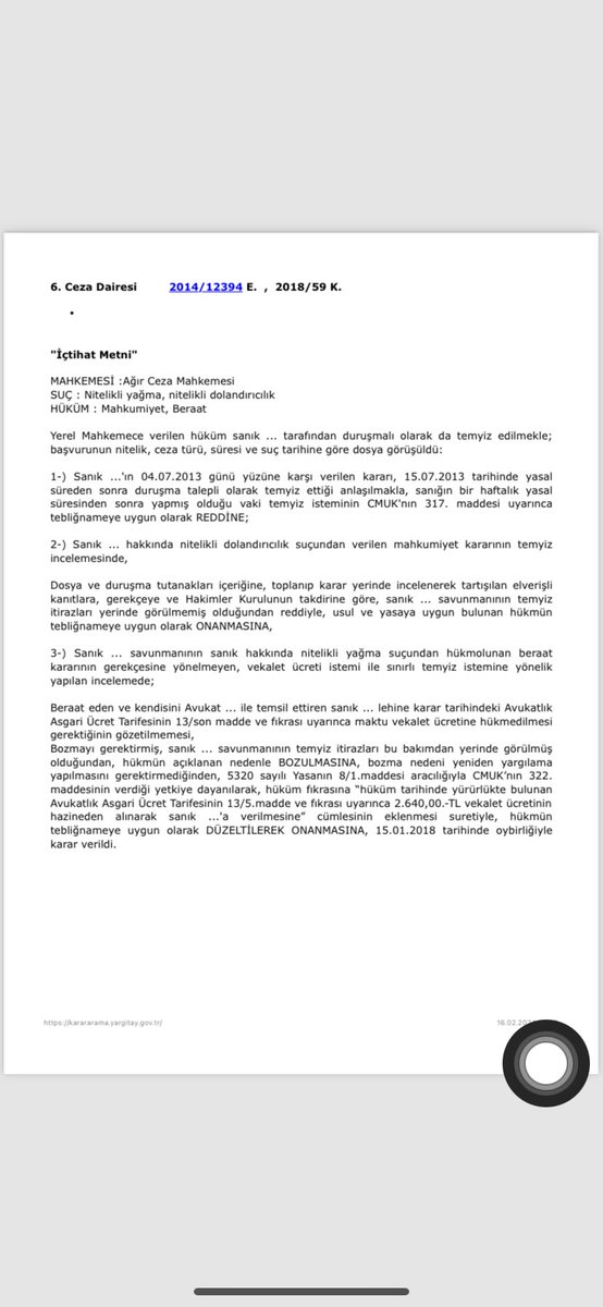 ehukuk1's tweet photo. Yargıtay 6. Ceza Dairesi:

Birden çok suçtan yargılanan sanığın bir suçtan beraat etmesi halinde, sanık müdafi lehine vekâlet ücreti ödenir.

2014/12394E.
2018/59 K. https://t.co/axmXLdbURL