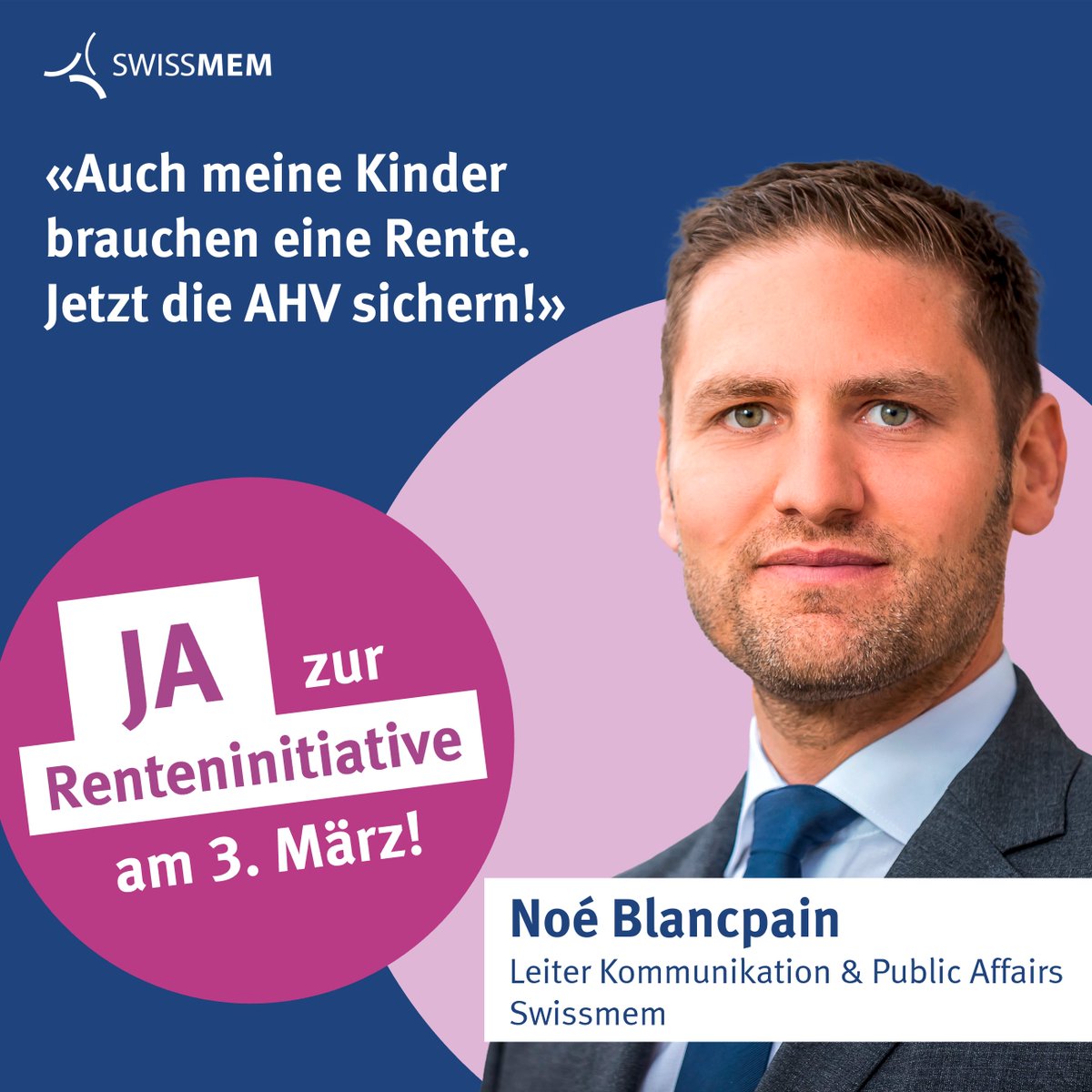 ⚙ Noé Blancpain, Leiter Kommunikation &amp; Public Affairs  @Swissmem, ist für die #Renteninitiative. Diese:
💪…packt das Problem bei den Wurzeln
📈...antwortet auf die steigende Lebenserwartung
🤲…nimmt Rücksicht auf die sozial Schwächsten

📣@Swissmem sagt auch JA zur <a href="/RentenVI/">Renteninitiative</a>!