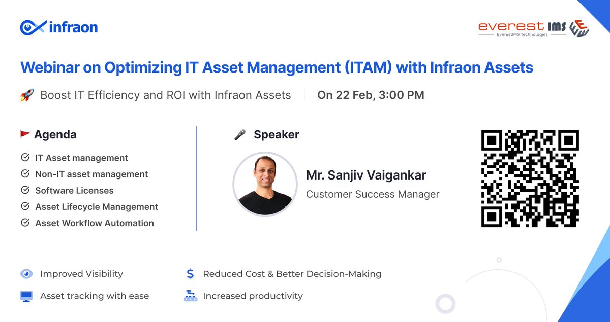 Join us for a game-changing webinar on 'Optimizing IT Asset Management with Infraon Assets' led by our  Customer Success Manager, Sanjiv Vaigankar!

🗓️ Date: 22nd February 2024
⏰ Time: 3:00 PM IST (Indian Standard Time)
📍 Where: Online - Scan the QR code below to register