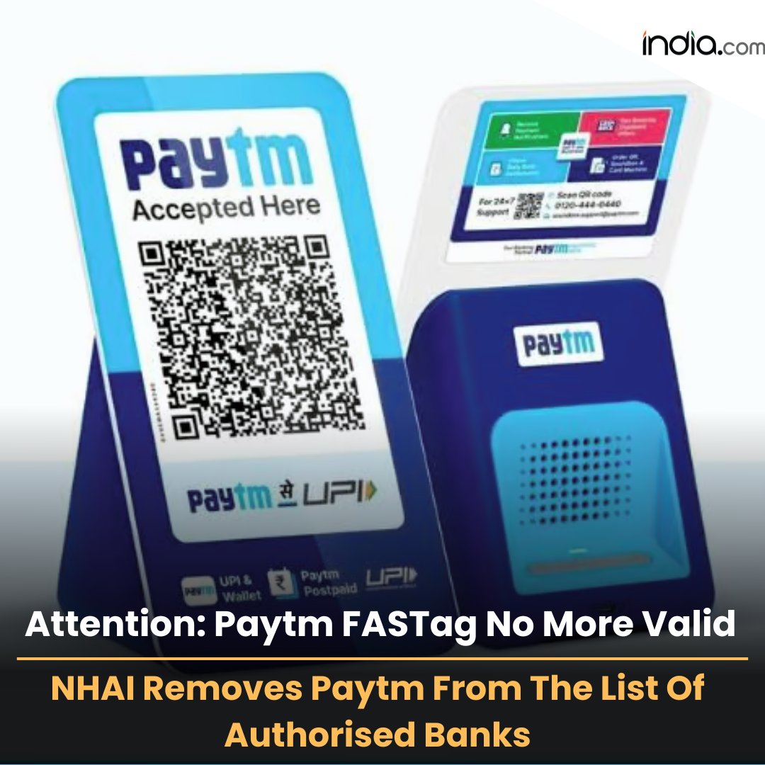 indiacom's tweet photo. NHAI removes Paytm Payments Bank Ltd from the list of authorized banks to sell/issue FastTags
Read More: https://t.co/MO0lbUrp0L
#Paytym #NHAI #FastTagUsers #Banks https://t.co/337qCEmKJf