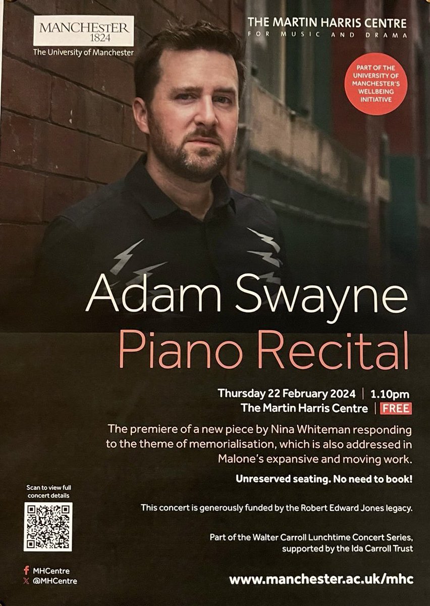 At our next Walter Caroll Lunchtime Concert, pianist @AdamSwayne who will perform a solo recital of @OpusMalone's 'Sudden Memorials' alongside 'Earthed', a work by @NinaWhiteman. 📆 Thursday 22 February ⏰ 1-2pm 🎟 FREE – no need to book! More info: events.manchester.ac.uk/event/event:k2…