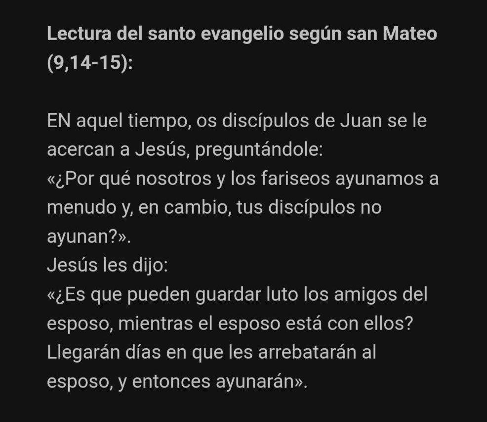 almordo's tweet photo. Viernes después del Miércoles de Ceniza.

16 de Febrero de 2024

color: Morado

Lectura: Mt 9, 14-15 • Cuando les sea arrebatado el esposo, entonces ayunarán.
#lectura #evangelio https://t.co/1ISgF7uYfX