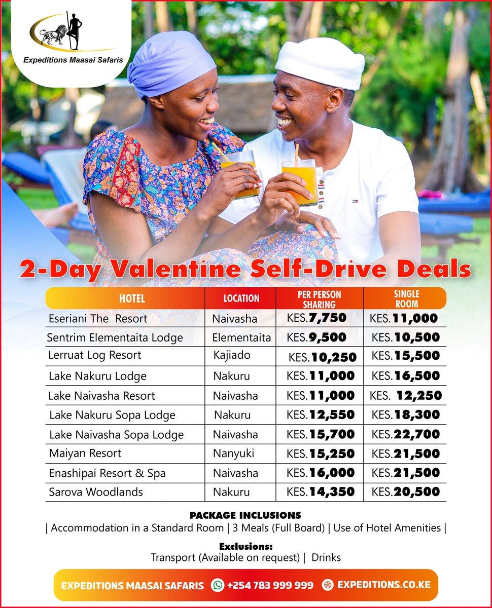 The Valentine Weekend is here with us🌹💕. What more could anyone ask for than a serene, serendipitous and a splendid destination 😍🌹.

Book Today: 0783999999 / 0796191919 / wa.me/c/254783999999 / expeditions.co.ke

#valentinedeals #valentine #expeditionsmaasaisafaris