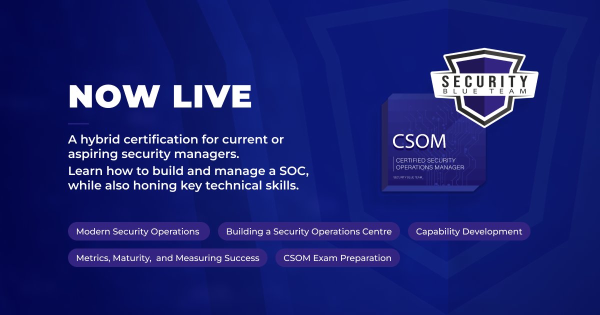 centri_org's tweet photo. Thinking about taking CSOM, the certification for current or aspiring security managers?
You have until the end of the month to take advantage of the introductory price of just £999. Find out more: https://t.co/PsraYNYsvp
#BlueTeam #SOCManager #SecOpsManager #CSOM https://t.co/E1JIgpS3Kp