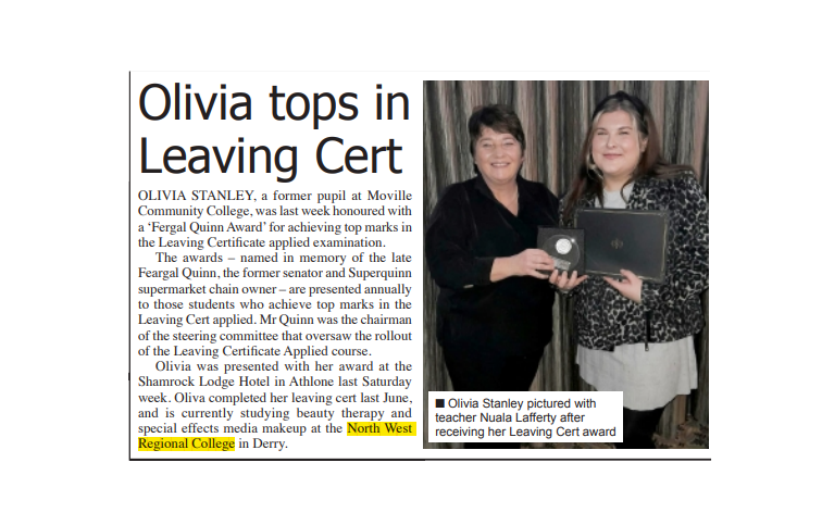 Wow – brilliant stuff from our Beauty Therapy & Special Effects media make up student Olivia Stanley who returned to her former school @movillecc where she received the Fergal Quinn Award for achieving top marks in the Leaving Certificate.
