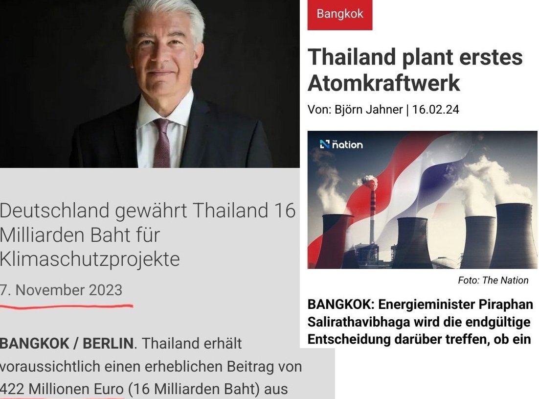 Die Ampel kürzt massiv beim Bürger und verbrät 422 Mio. Euro in Thailand für „Klimaschutz”. Kann man machen.

Heute kommt heraus: Sie bauen Atomkraftwerke! Aus Gründen, die wohl nur Habeck versteht, schützt Atomkraft in Thailand das Klima, bei uns aber nicht.

Ich wundere mich