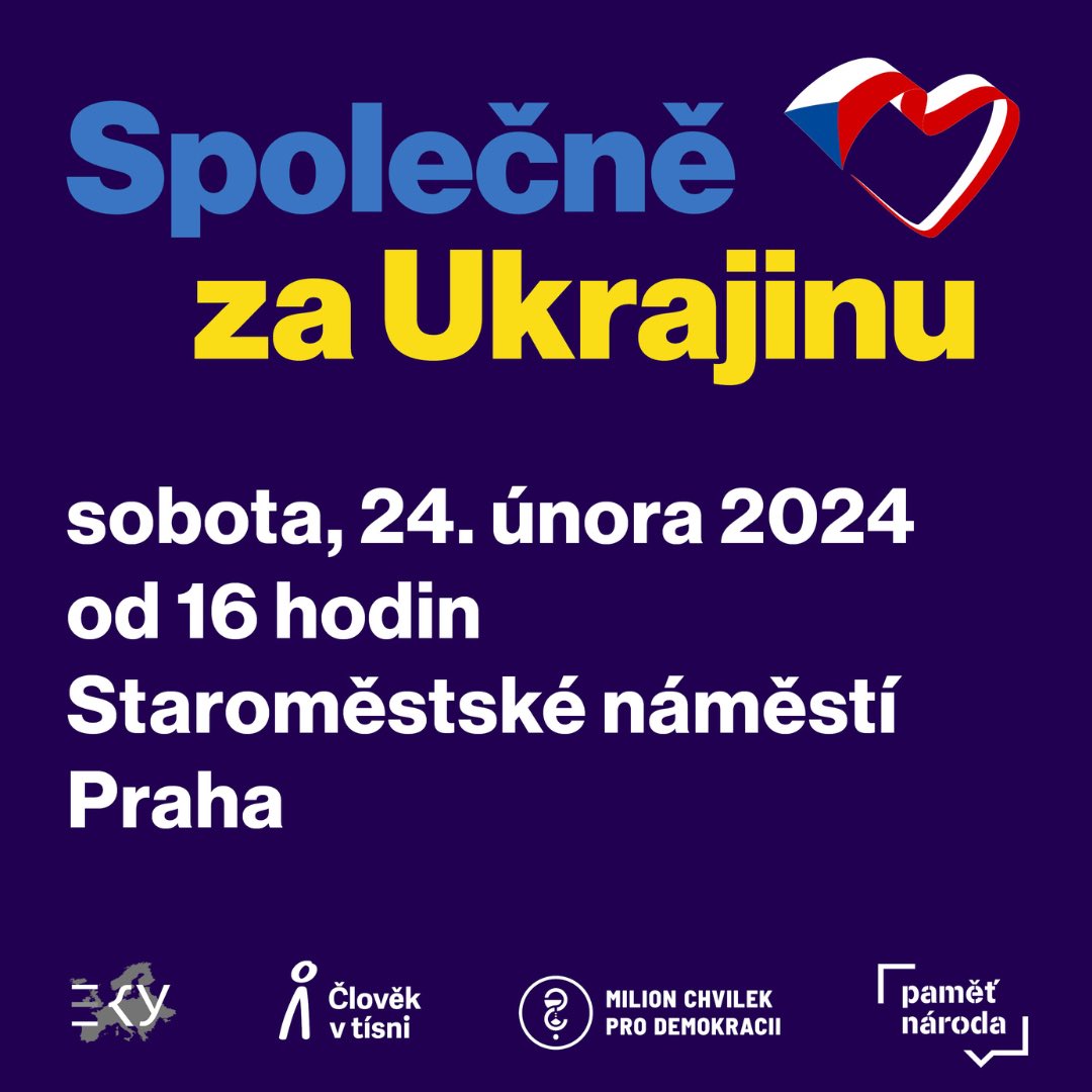 milionchvilek's tweet photo. Společně za Ukrajinu! 💙💛

V sobotu 24.2. organizujeme shromáždění na Staroměstském náměstí v Praze společně s @CLOVEKVTISNI, @Pametnaroda a @EKUkrainians abychom kolektivně demonstrovali naši přetrvávající podporu Ukrajincům a Ukrajinkám, kteří*é neúnavně bojují za svou svobodu i za budoucnost celé Evropy. 

Shromáždění je součástí Dne za Ukrajinu.

Přijďte s námi ukázat solidaritu s Ukrajinou a jejím lidem! 🤝

FB událost: https://t.co/AxkRpS7rbi
