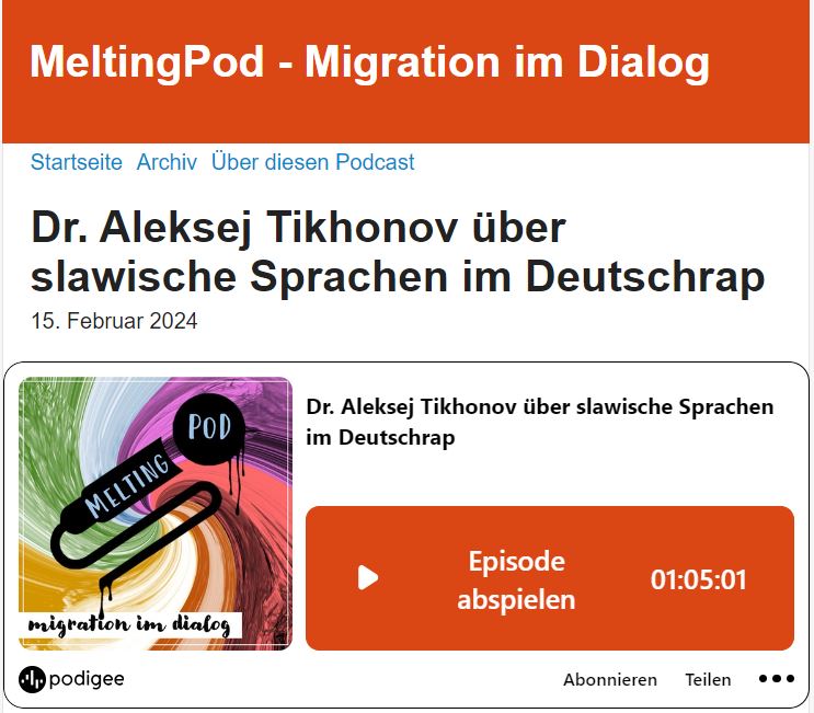 Aleksej Tikhonov (@derslawist) on Twitter photo 🎧🎤🔊Podcast fürs WE gesucht? "Mehrsprachigkeit ist der Regelfall" Das gilt nicht "nur" für Deutschrap, sondern auch f d ganze Welt! Habe mich als Linguist der <a href="/UZH_ch/">Universität Zürich</a> über mein Habilitationsprojekt mit dem <a href="/inzentim/">InZentIM</a> der <a href="/unidue/">Uni Duisburg-Essen @unidue.bsky.social</a> unterhalten: meltingpod.podigee.io/44-aleksej-tik…
#Slavistik 🎧🎤🔊Podcast fürs WE gesucht? "Mehrsprachigkeit ist der Regelfall" Das gilt nicht "nur" für Deutschrap, sondern auch f d ganze Welt! Habe mich als Linguist der <a href="/UZH_ch/">Universität Zürich</a> über mein Habilitationsprojekt mit dem <a href="/inzentim/">InZentIM</a> der <a href="/unidue/">Uni Duisburg-Essen @unidue.bsky.social</a> unterhalten: meltingpod.podigee.io/44-aleksej-tik…
#Slavistik