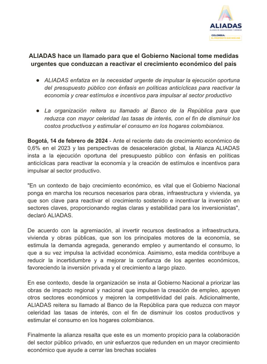 Ante el reciente dato de crecimiento económico de 0,6% en el 2023, <a href="/AliadasAlianza/">Alianza ALIADAS</a> insta a la ejecución oportuna del presupuesto público con énfasis en políticas anticíclicas para reactivar la economía y la creación de estímulos e incentivos para impulsar al sector productivo.