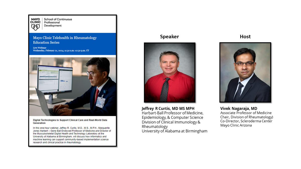 Vivek Nagaraja (@vivnag) on Twitter photo 7th session
<a href="/MayoClinic/">Mayo Clinic</a> #Telehealth in #Rheumatology webinar
Digital Technologies to Support Clinical Care and Real-World Data Generation
By Jeffrey R Curtis, MD MS MPH <a href="/RADoctor/">Jeffrey Curtis</a>
February 21, 2024, 11:30 a.m.-12:30 p.m. CT
Free Registration mc-meet.zoom.us/webinar/regist… 7th session
<a href="/MayoClinic/">Mayo Clinic</a> #Telehealth in #Rheumatology webinar
Digital Technologies to Support Clinical Care and Real-World Data Generation
By Jeffrey R Curtis, MD MS MPH <a href="/RADoctor/">Jeffrey Curtis</a>
February 21, 2024, 11:30 a.m.-12:30 p.m. CT
Free Registration mc-meet.zoom.us/webinar/regist…