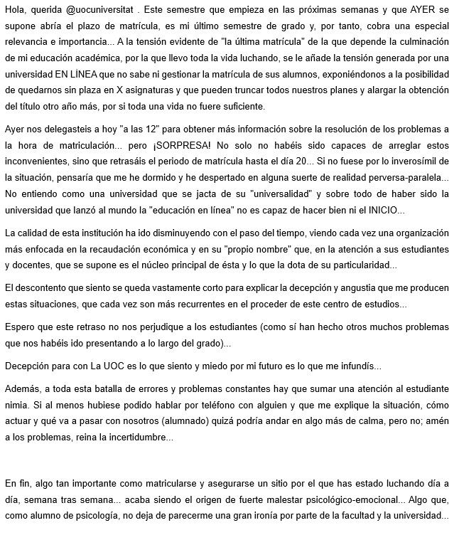 sfernav's tweet photo. @UOCuniversidad @UOCindignada @UOCrespon 

Queridísima universidad que, hasta hoy, me ha sacado unos 8.661,45€ que podría llevar a pensar en inversión al estudiante y mejoras en la experiencia de éste para con vuestro "campus" (no). Os dejo mi pensamiento: https://t.co/mi7vjhhZg3