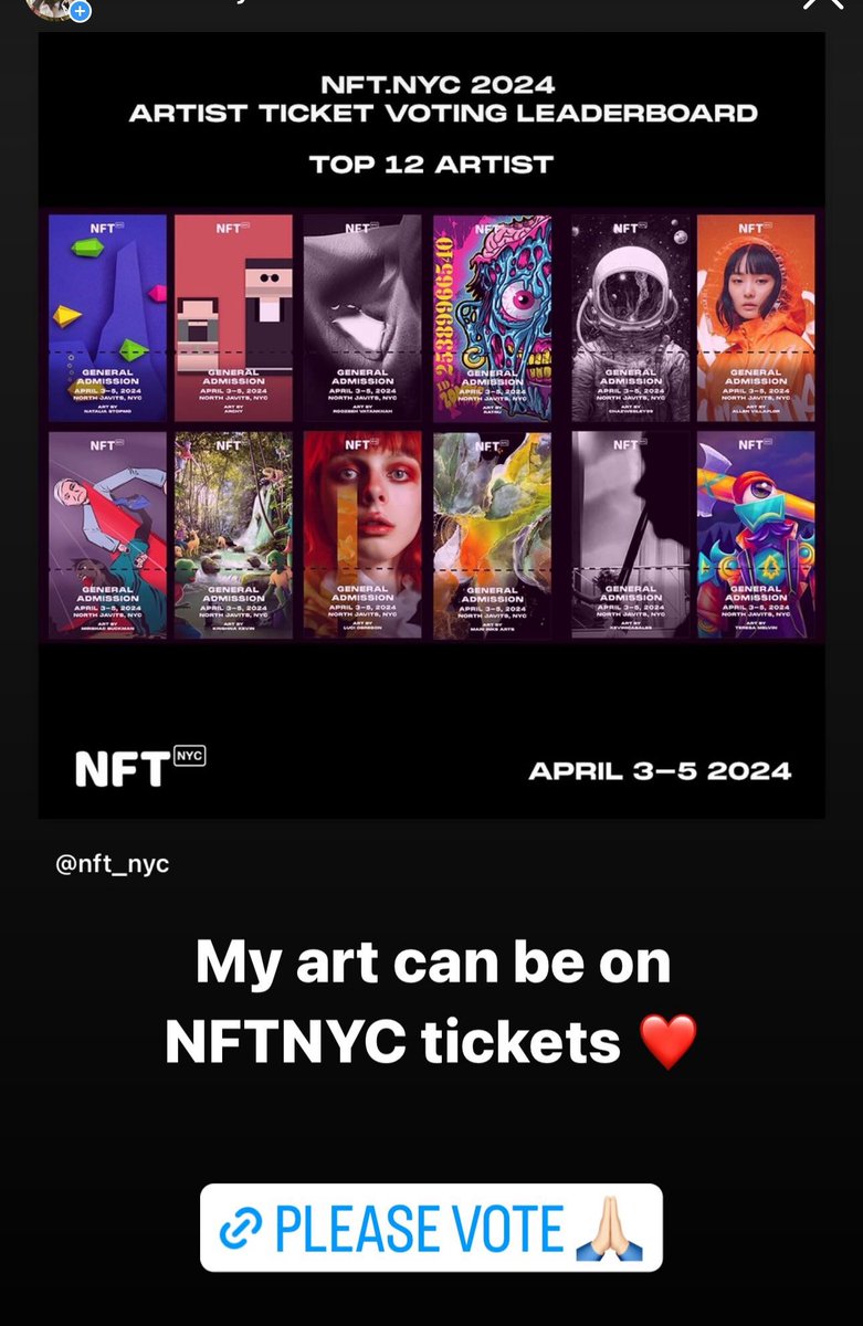 Good morning! ☀️ happy to be on the leaderboard for @NFTNYC tickets! 
Please vote for me 🙏🏻❤️ 
bit.ly/3HZZQEr