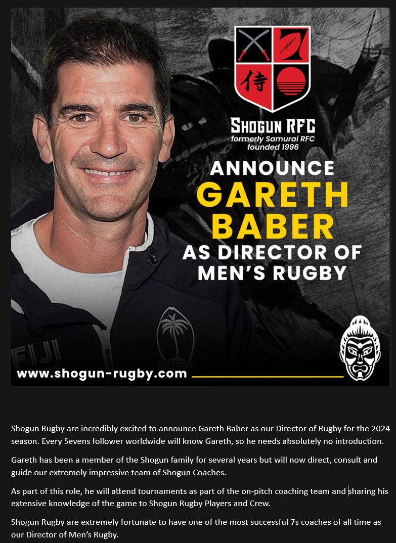 Shogun Rugby are incredibly excited to announce Gareth Baber as our Director of Rugby for the 2024 season. Every Sevens follower worldwide will know Gareth, so he needs absolutely no introduction. #ShogunFamily #EndlessPossibilities #ProvenPathway #Development