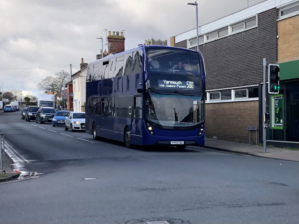 BorderBus demonstrator is rostered for the 580 route between Bungay and Great Yarmouth today and is pictured in Gorleston on its way to the latter