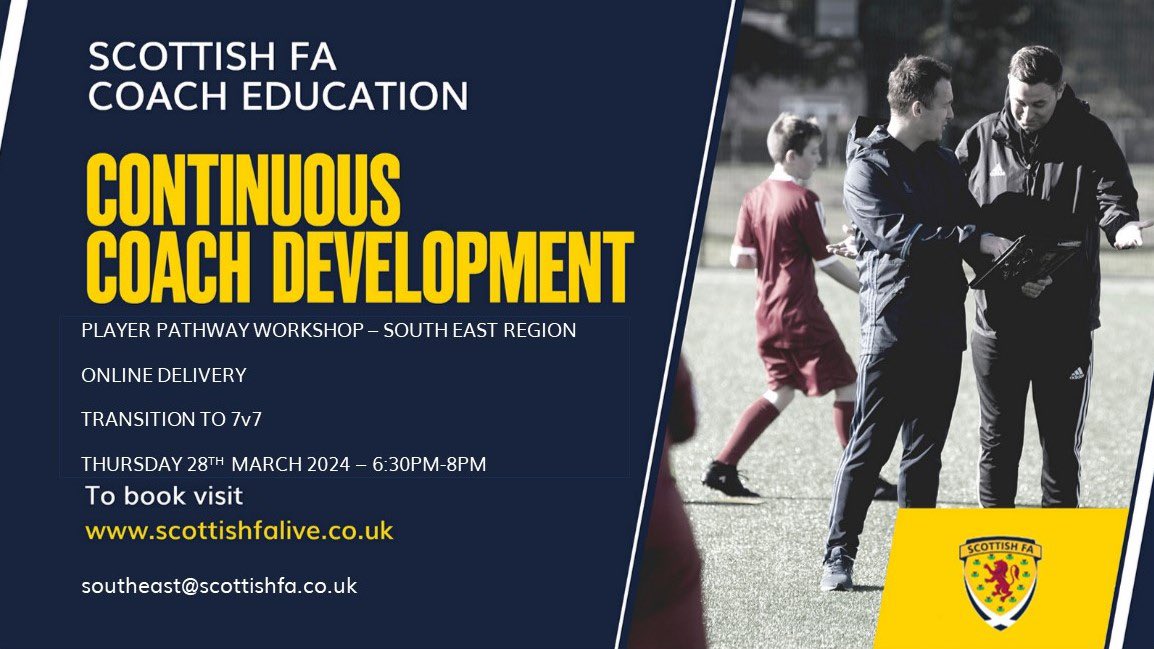 ScotFASouthEast's tweet image. PLAYER PATHWAY WORKSHOPS |

⚽️ Introduction to Small Sided Games 
Friday 8th March - 6:30pm - 8pm 
Monday 11th March - 6:30pm - 8pm 

⚽️ Transition to 7s
Tuesday 19th March - 6:30-8pm 
Thursday 28th March - 6:30-8pm 

💻All sessions will take place on Zoom. 

#ScottishFACoachEd