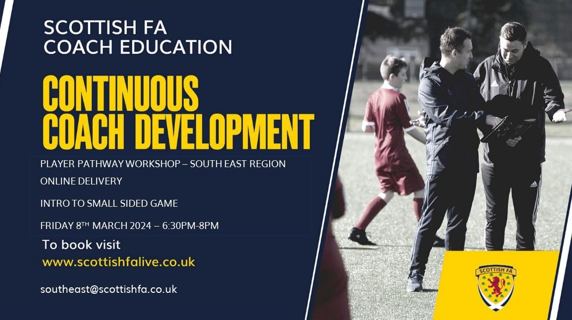 ScotFASouthEast's tweet image. PLAYER PATHWAY WORKSHOPS |

⚽️ Introduction to Small Sided Games 
Friday 8th March - 6:30pm - 8pm 
Monday 11th March - 6:30pm - 8pm 

⚽️ Transition to 7s
Tuesday 19th March - 6:30-8pm 
Thursday 28th March - 6:30-8pm 

💻All sessions will take place on Zoom. 

#ScottishFACoachEd