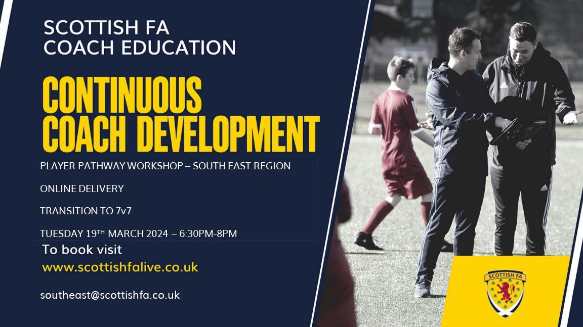 ScotFASouthEast's tweet image. PLAYER PATHWAY WORKSHOPS |

⚽️ Introduction to Small Sided Games 
Friday 8th March - 6:30pm - 8pm 
Monday 11th March - 6:30pm - 8pm 

⚽️ Transition to 7s
Tuesday 19th March - 6:30-8pm 
Thursday 28th March - 6:30-8pm 

💻All sessions will take place on Zoom. 

#ScottishFACoachEd