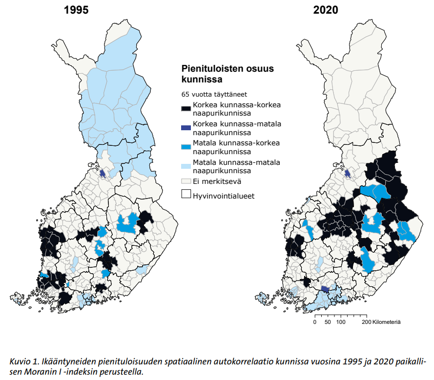 Uutta tietoa ikärakenteen ja ikääntyneiden elinolojen alue-eroista uusimmassa Yhteiskuntapolitiikka-lehdessä <a href="/yplehti/">Yhteiskuntapolitiikka</a>. Esimerkiksi oheinen havainto ikääntyneiden pienituloisuuden aiempaa selvemmästä alueellisesta ryvästymisestä.   julkari.fi/handle/10024/1…