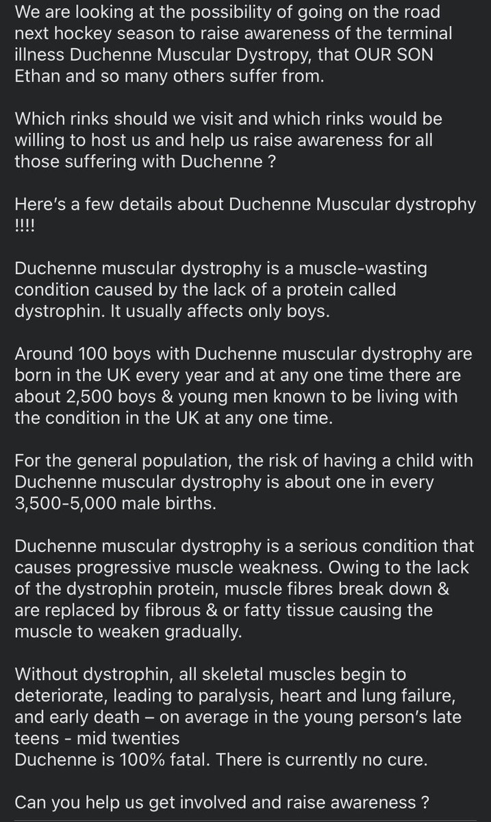 team_mcclean's tweet photo. Nearly 10 years supporting Ice hockey in the UK our son has went from a happy boy running around rinks to fully wheelchair bound unable to walk and now losing his arm strength. Do you know anyone willing to help us raise awareness for him &amp; others fighting ? Read attached pic ❤️ https://t.co/Wi9ITJbN6C