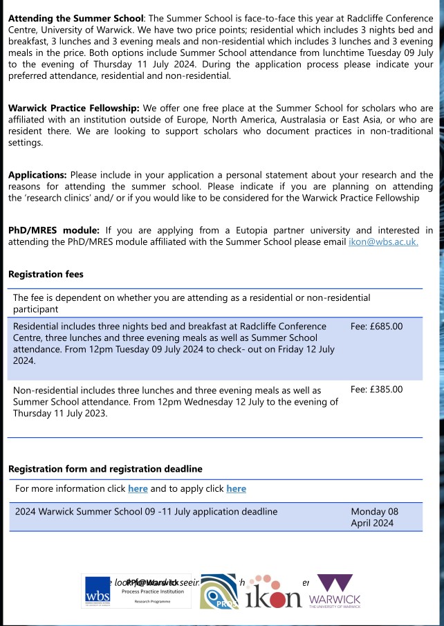 Join us for the 2024 Warwick Summer School on Practice and Process Studies 9- 11 July 2024
*This year's Special topic*: the impact of emerging "intelligent" technologies on organizational practices and processes. New director Qian Li Info: warwick.ac.uk/fac/soc/wbs/re…
<a href="/WarwickBSchool/">WBS</a>