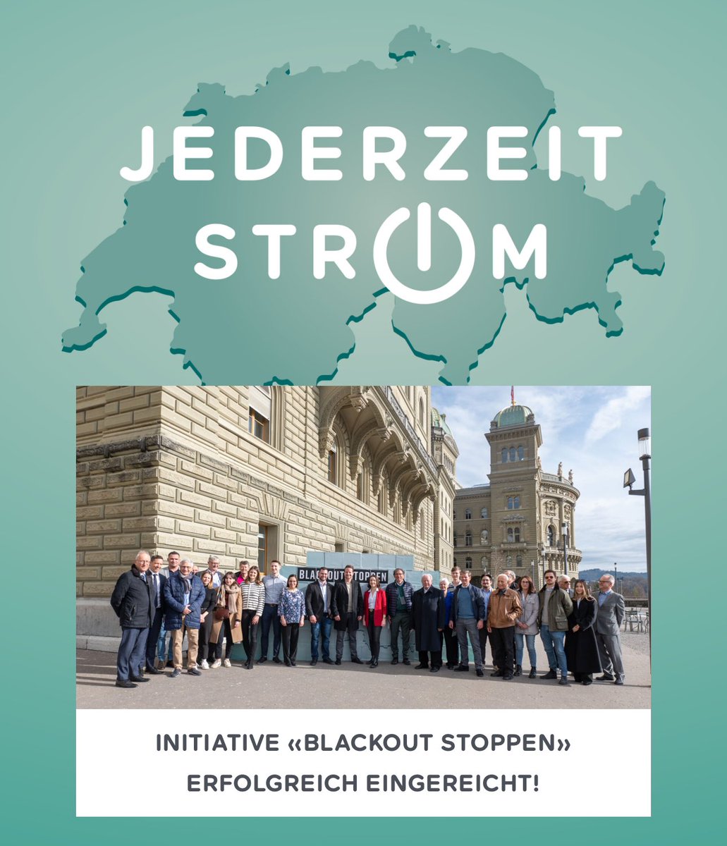 Bis 2050 fehlt uns die Hälfte des #Stroms, gerade im Winter. Gleichzeitig wollen wir kein #CO2 mehr ausstossen.
Es braucht alle Energieformen! Der Zubau von #Erneuerbaren wie #Wasserkraft, #Photovoltaik und neuen #AKW ist gemeinsam anzugehen. 
JA zur Initiative #BlackoutStoppen!