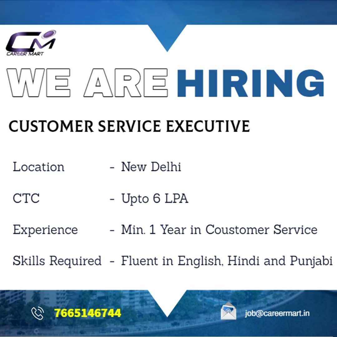 We Are Hiring Customer Service Executive

Location - Netaji Subhash Place, New Delhi

CTC -  Upto 6 LPA

Experience - Min. 1 Year in Customer Service 

Skill Needed -  Fluent in English, Hindi and Punjabi

Contact -7665146744  | 0141-4029107

#jobs #delhijobs #hiring #careermart