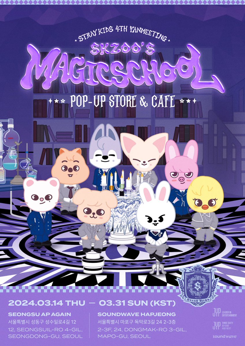 SKZOO_CAFE's tweet photo. Stray Kids x SKZOO
POP-UP &amp; CAFE
'𝑺𝑲𝒁𝑶𝑶'𝑺 𝑴𝑨𝑮𝑰𝑪 𝑺𝑪𝑯𝑶𝑶𝑳'

🔮24.03.14 THU - 03.31 SUN (KST)
📍SEONGSU AP AGAIN
📍SOUNDWAVE HAPJEONG

@SKZOO_POPUP @SKZOO_CAFE

#StrayKids #스트레이키즈
#SKZOO #스키주
#SKZOOPOPUP #SKZOOCAFE
#SKZOOS_MAGIC_SCHOOL
#YouMakeStrayKidsStay https://t.co/qR5K4jxVVX