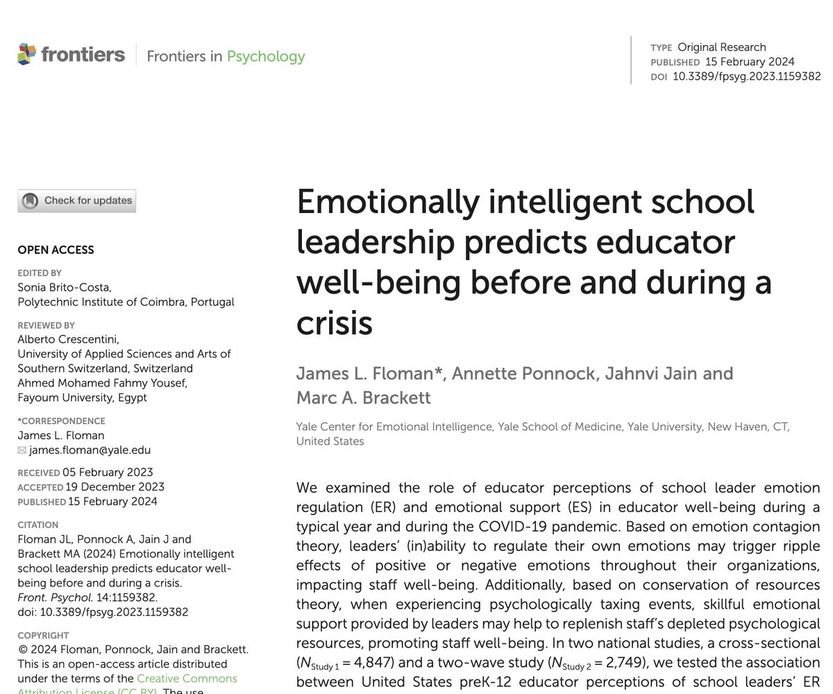 NEW #EmotionalIntelligence RESEARCH ALERT

Across multiple studies we found that educator well-being is associated with the emotionally intelligent behavior of their school leaders - something we’ve known intuitively, but now have the empirical evidence to demonstrate it. 

Note: