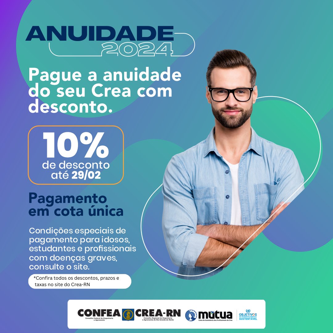Garanta 10% de desconto na anuidade de 2024? 🤩

Realize o pagamento integral da sua anuidade até o dia 29 de fevereiro e garanta 10% de desconto.
Não perca essa oportunidade!

Se tiver alguma dúvida entre em contato via WhatsApp:
📱(84) 99128-3827

#Crearn #Confea #Mutua