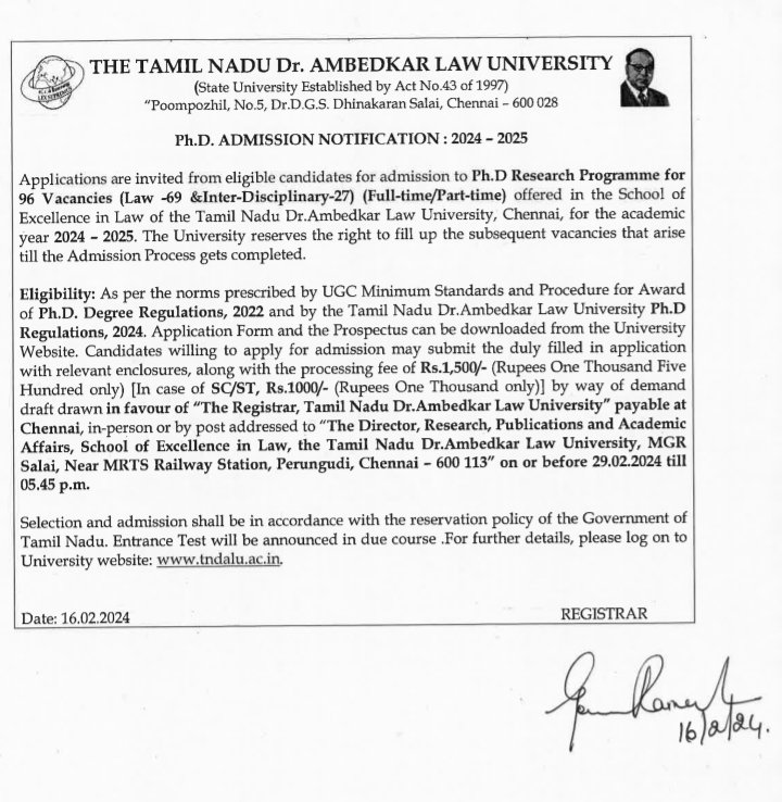 Ph.D. Admission Notification 2024 - 2025. 
#tndalu #admission #law #phd