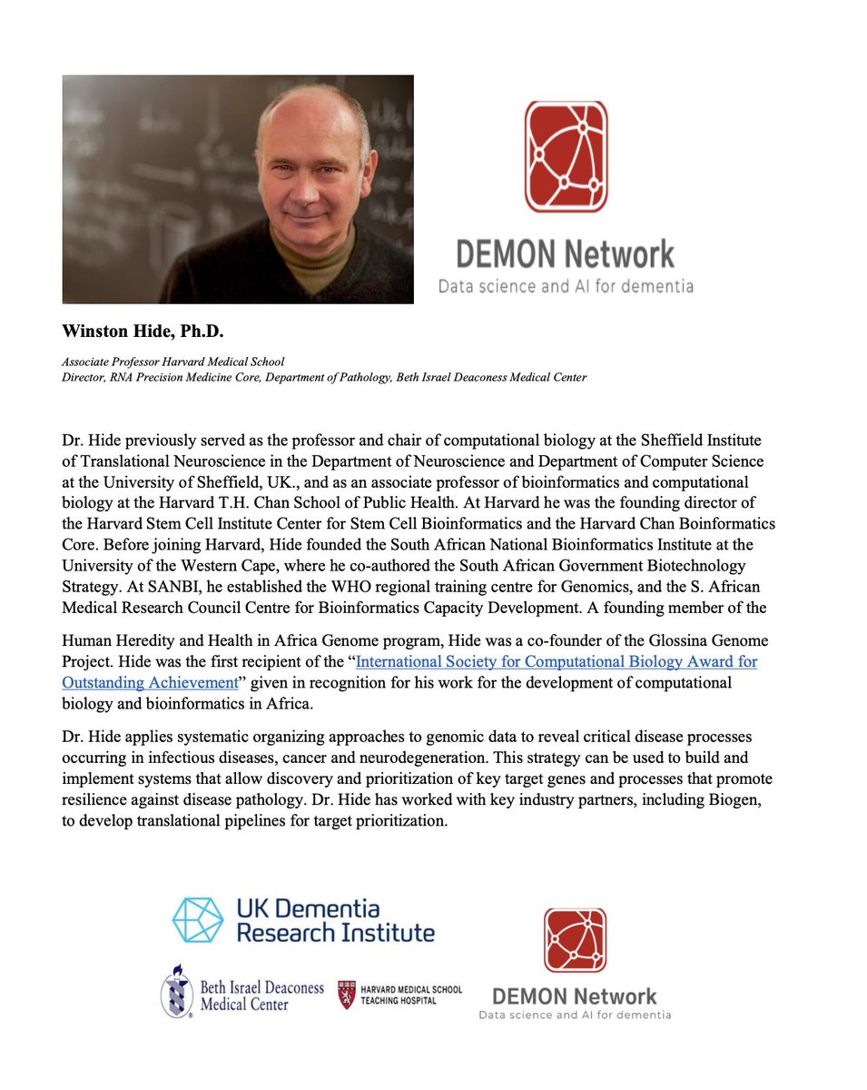 🧠 Join us at @DEMONNetworkUK's Drug Discovery and Trial Optimisation working group for a special event this month. Explore 'Pathway Targeting in Alzheimer's Disease: Bridging From Humans to Representative Model Systems in Therapeutic Discovery' with Dr. Winston Hide on Feb 28th…