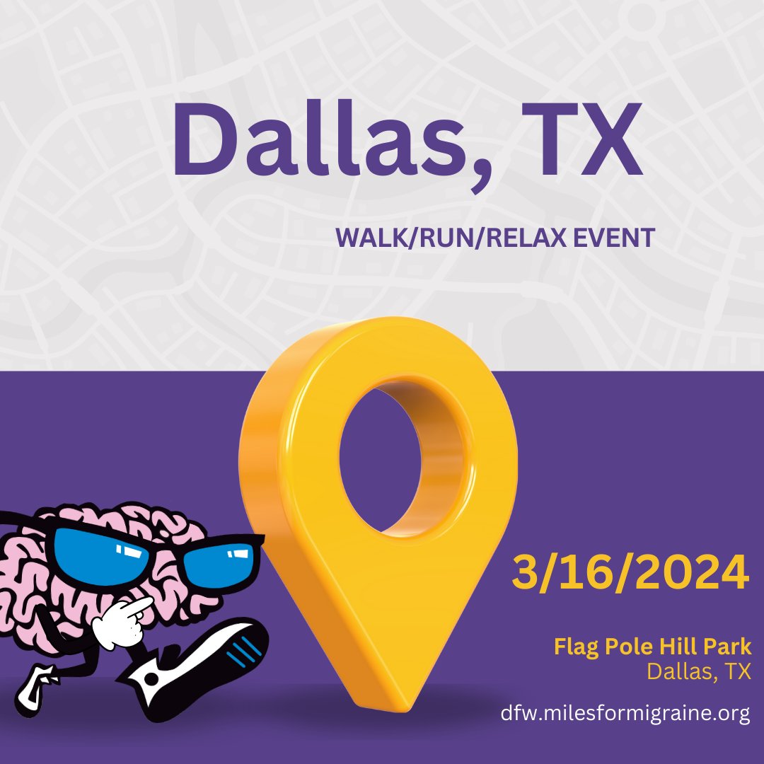 Join us on 3/16 for our 6th annual Walk/Run/Relax event at Flag Pole Hill Park in Dallas, TX! 𝐑𝐞𝐠𝐢𝐬𝐭𝐫𝐚𝐭𝐢𝐨𝐧 𝐢𝐬 𝐅𝐑𝐄𝐄. 👟💜 Funds raised will support local #migraine research and fellowship training programs @UTSWNeurology Sign up today: dfw.milesformigraine.org