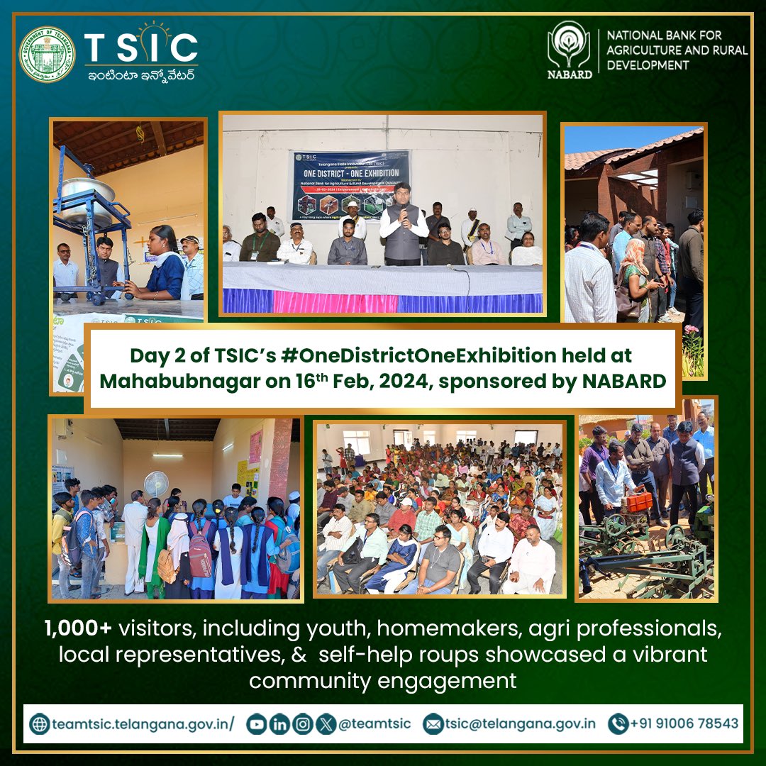 teamTGIC's tweet photo. Day 2 of #OneDistrictExhibition in Mahbubnagar sponsored by @NABARDOnline witnessed over 1,000 visitors, including agri experts, young minds, &amp; local organizations. The active involvement of self-help groups was a testimony to community engagement &amp; collaborative innovation. https://t.co/1GoAoSUQhA