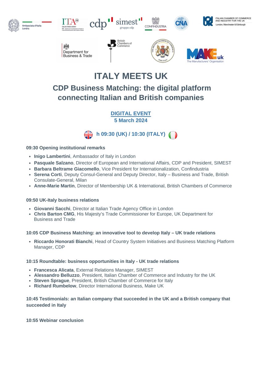 📢Calling UK companies! Join 'Italy meets UK' webinar hosted by @GruppoCDP to: ☑️Learn about the Business Matching Platform ☑️Discover collaboration opportunities ☑️Participate in B2B meetings after the event ⏳ 5 March 9:30 GMT ➡️Sign up bit.ly/49f5y0V @UKinItaly