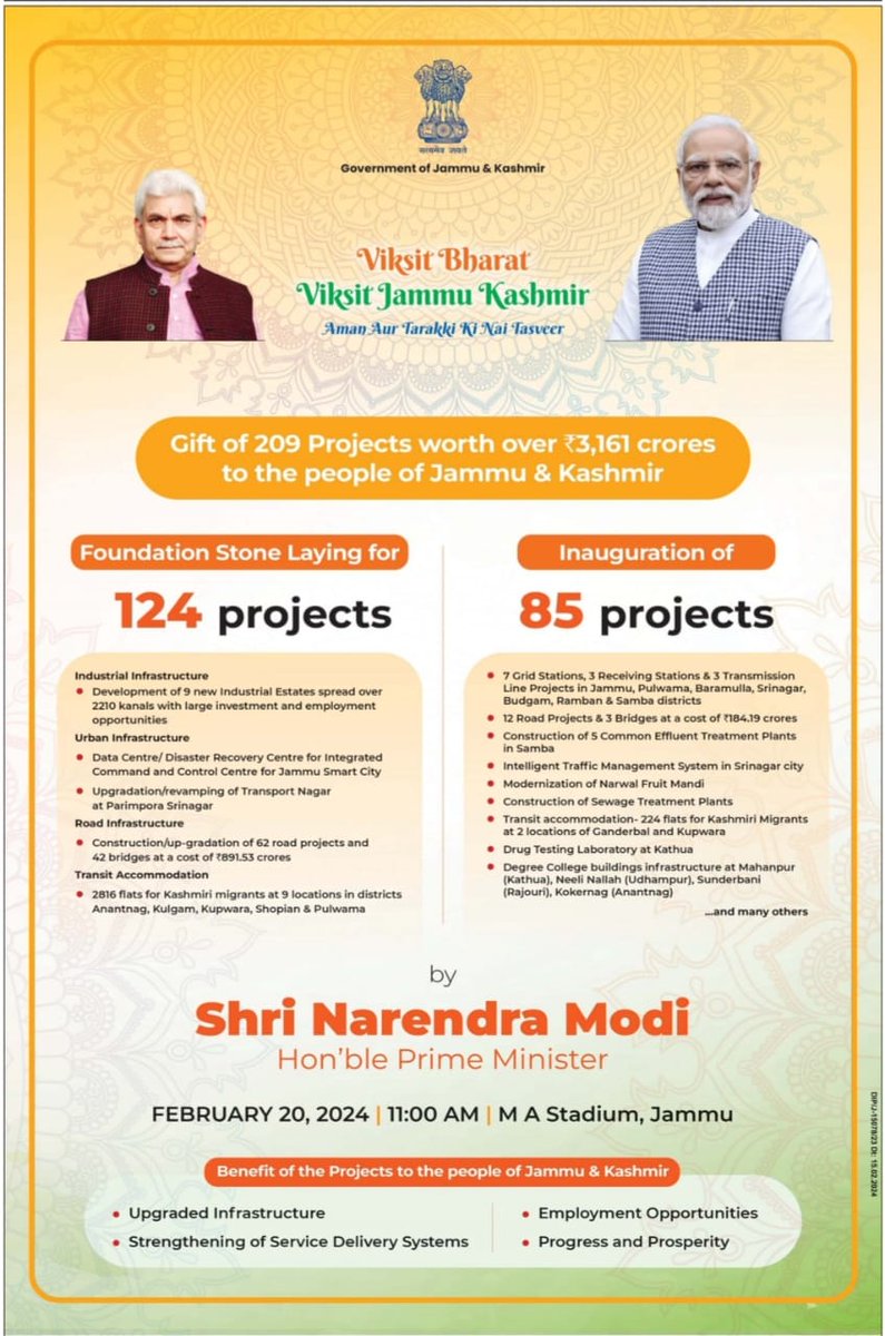 #ViksitBharatViksitJammuKashmir Gift of 209 Projects worth over 3,161 crores to the people of Jammu & Kashmir by Hon'ble PM Sh.@narendramodi Ji . @PMOIndia @HMOIndia @MIB_India @MoRD_GoI @OfficeOfLGJandK @PIB_India @DDNewslive @airnewsalerts @PIBSrinagar @CBCJammuKashmir