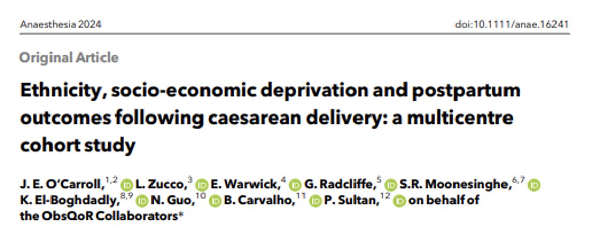 The next paper from the @ObsQOR study, now published in @Anaes_Journal, examines ethnicity, socio-economic deprivation and postpartum outcomes following caesarean delivery. Examining differing outcomes is key to improving care equity for all. doi.org/10.1111/anae.1…