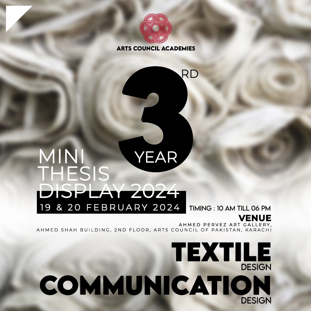 ACPKHI's tweet photo. Join us to witness some great work by ACIAC 3rd Year Textile Design and Communication Design students.
The display is free and open for all.
Dates: 19 & 20 February 2024
Time: 10:00 AM to 06:00 PM
Venue: Ahmed Pervez Art Gallery, ACPKHI
#acpkhi #artscouncil #aciac #thesis #textiledesign #communicationdesign