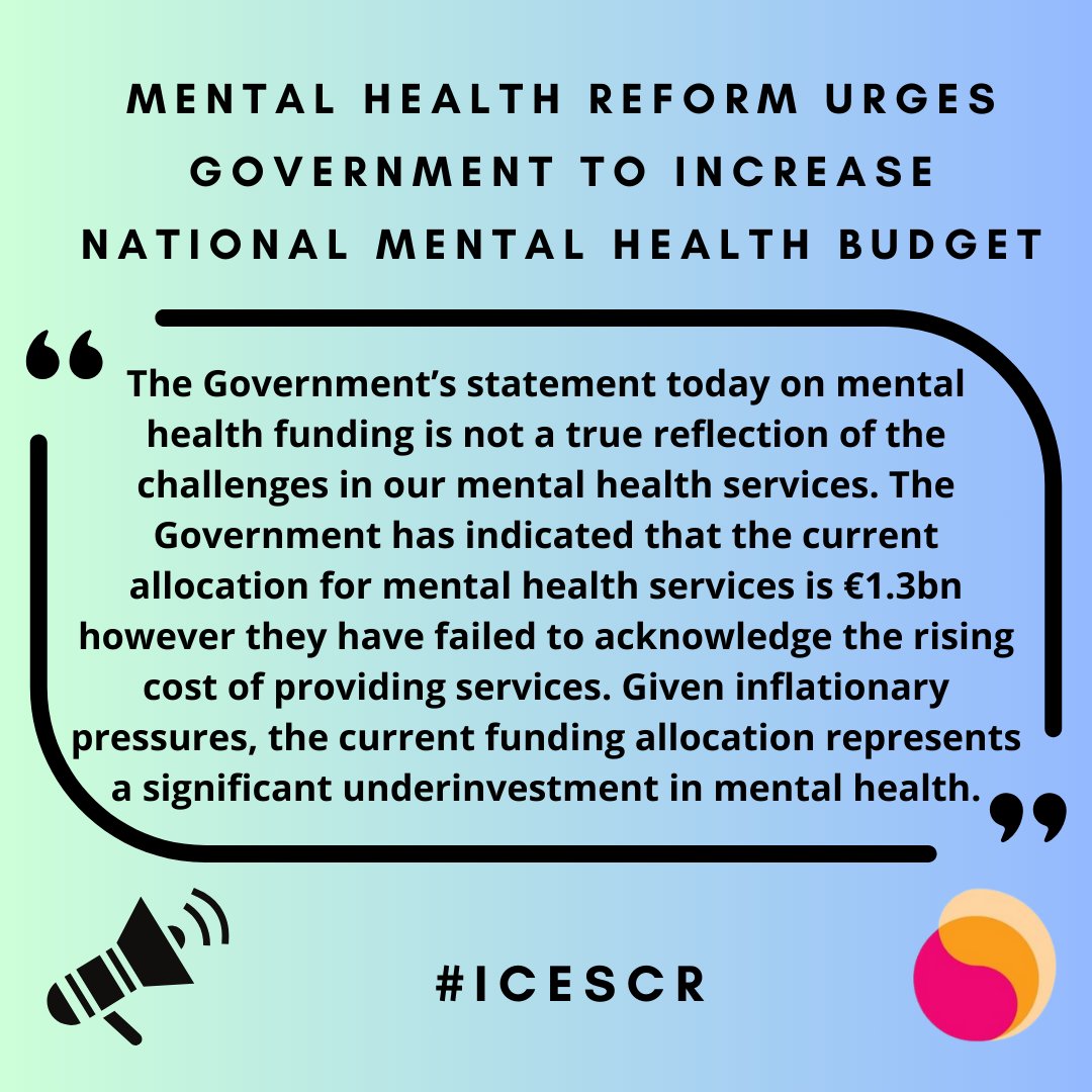 🚨 @MHReform is disappointed with the Government’s response to questions on mental health funding from the UN Committee on Economic, Social and Cultural Rights.

The Government must increase spending on MH to 10% of the total health budget in line with Sláintecare. #ICESCR (1/2)