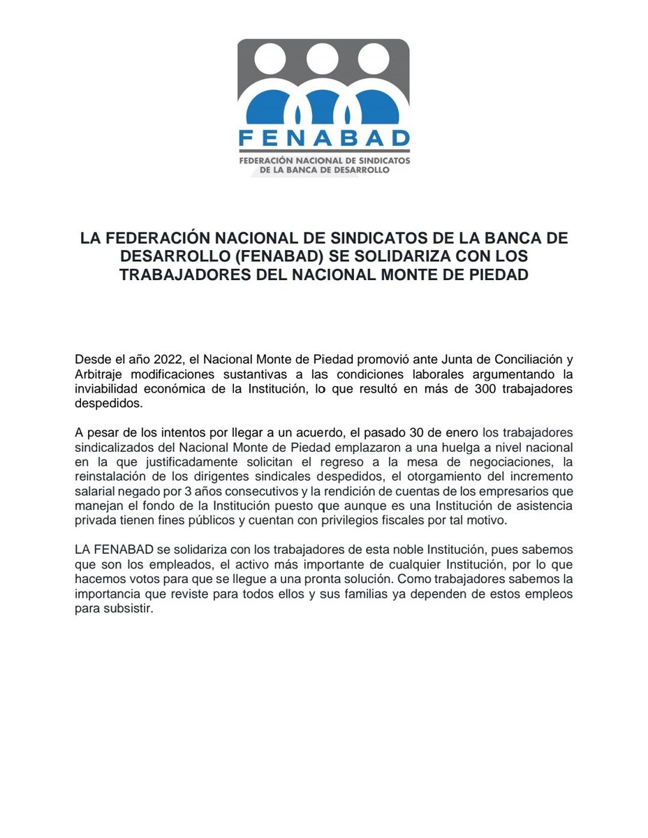 suntfira's tweet photo. Nos solidarizamos con los compañeros trabajadores del Nacional Monte de Piedad .

@Obs_laboral
@fenabadmx
@SUNTNAFIN 
@SUNTBANOBRAS
@Suntsohife
@Sinudet Bancomext https://t.co/HrSO3ZemIu