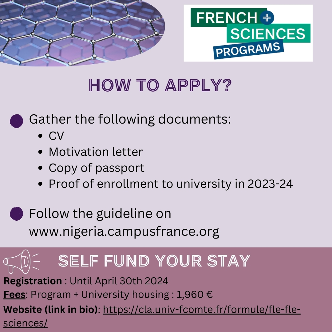 CampusFrance Nigeria (@campusfranceng) on Twitter photo 🔈Campus France Nigeria and <a href="/FranceInNigeria/">Ambassade de France au Nigéria</a> are launching a new scholarship program to finance a short-stay program in Micro, nano, and technology at Université de Franche comté from June 3rd to June 28th,2024.
👉 Guideline: nigeria.campusfrance.org
#Rendezvousenfrance 🔈Campus France Nigeria and <a href="/FranceInNigeria/">Ambassade de France au Nigéria</a> are launching a new scholarship program to finance a short-stay program in Micro, nano, and technology at Université de Franche comté from June 3rd to June 28th,2024.
👉 Guideline: nigeria.campusfrance.org
#Rendezvousenfrance
