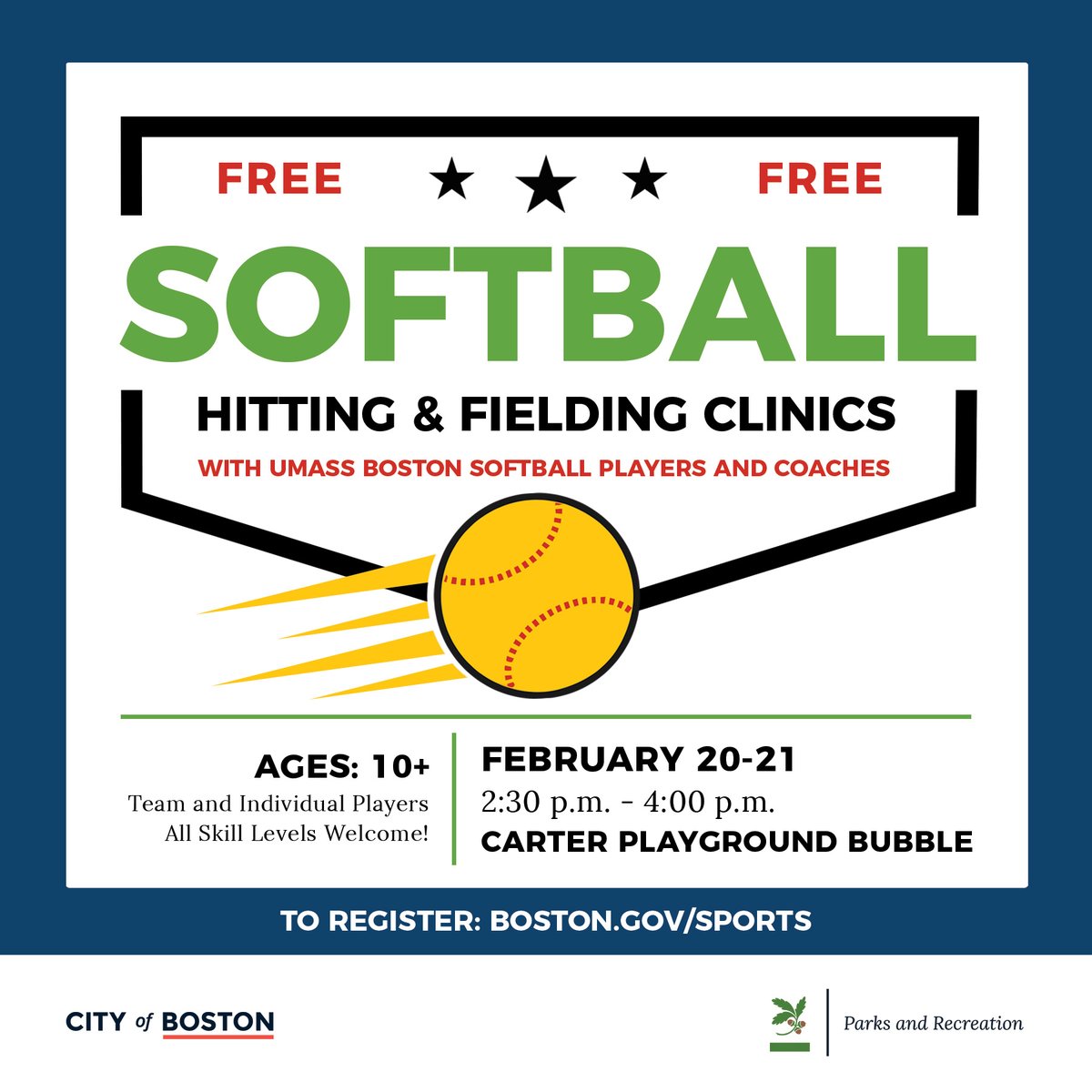 🥎 Hey Softball lovers! We have some great news!

We will be hosting a fun Winter Softball Hitting &amp; Fielding Clinic at the Carter Playground Bubble on February 20 &amp; 21, from 2:30 to 4 p.m. Register today at boston.gov/sports.