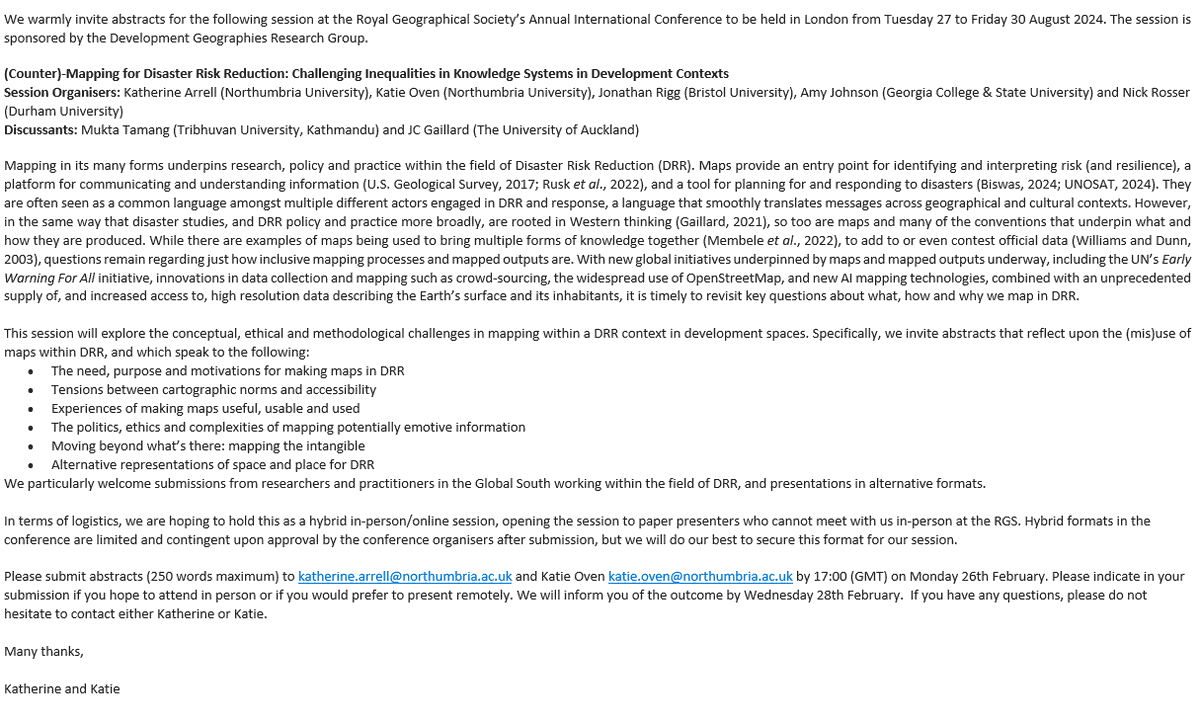 Sajag-Nepal (@sajagnepal) on Twitter photo CFP <a href="/RGS_IBG/">Royal Geographical Society (with IBG)</a>
2024: (Counter)-Mapping for Disaster Risk Reduction: Challenging Inequalities in Knowledge Systems in Development Contexts, sponsored by
<a href="/DevGeogsRG/">DevGeogsRG</a>. Please get in touch if interested. Abstracts due 26 February CFP <a href="/RGS_IBG/">Royal Geographical Society (with IBG)</a>
2024: (Counter)-Mapping for Disaster Risk Reduction: Challenging Inequalities in Knowledge Systems in Development Contexts, sponsored by
<a href="/DevGeogsRG/">DevGeogsRG</a>. Please get in touch if interested. Abstracts due 26 February
