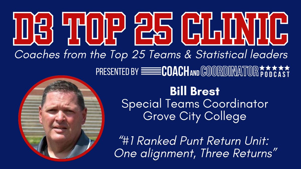 CoachBBrest's tweet photo. I am speaking at the D3 Top 25 Virtual Clinic
With speakers from the Top 25 teams and statistical leaders

"#1 Ranked Punt Return Unit: One alignment, Three Returns"

Feb 19-22
Just $39 for 35+ speakers
(save with more coaches)

Get your ticket here:
https://t.co/Z7i8m3hH4l https://t.co/UWVB5jGz7y