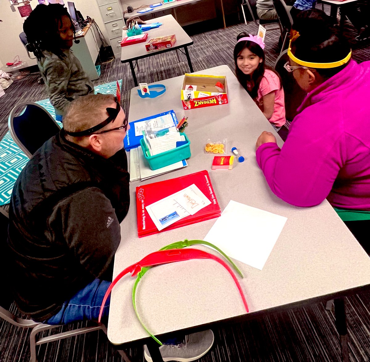 MsPackMCE's tweet photo. A little inferencing fun in the @McClelland_ES HOSTS room this morning with our mentors and Hedbanz! #WeAreWayne #learningisfun https://t.co/vJJB6YGTBX