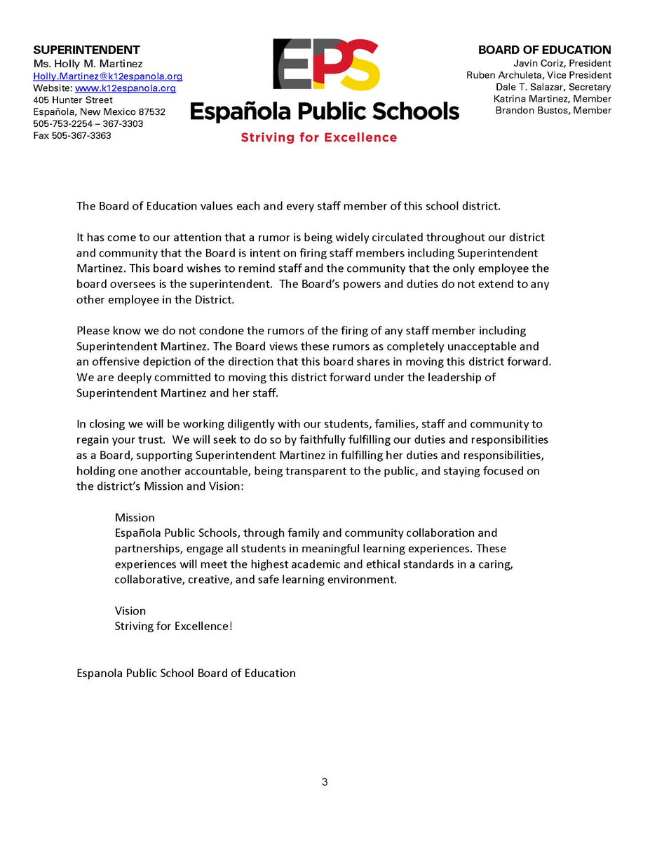 Letter from the Board of Education